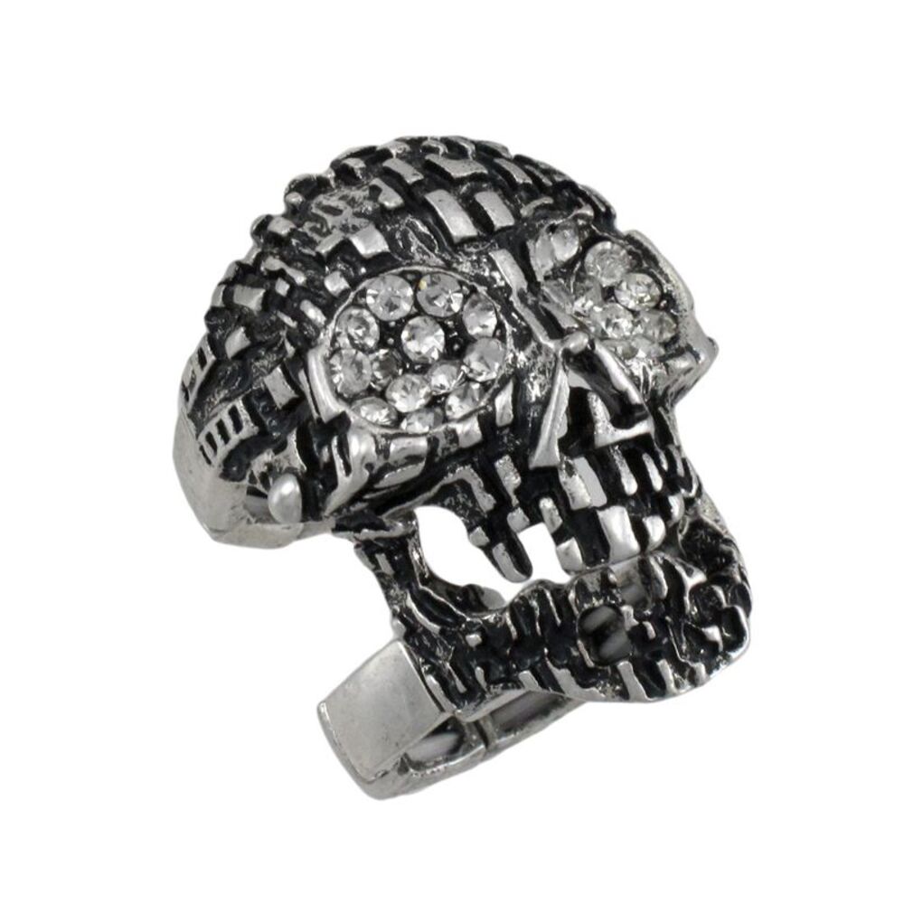Silvertone Skull Armor Ring with Rhinestone Eyes
